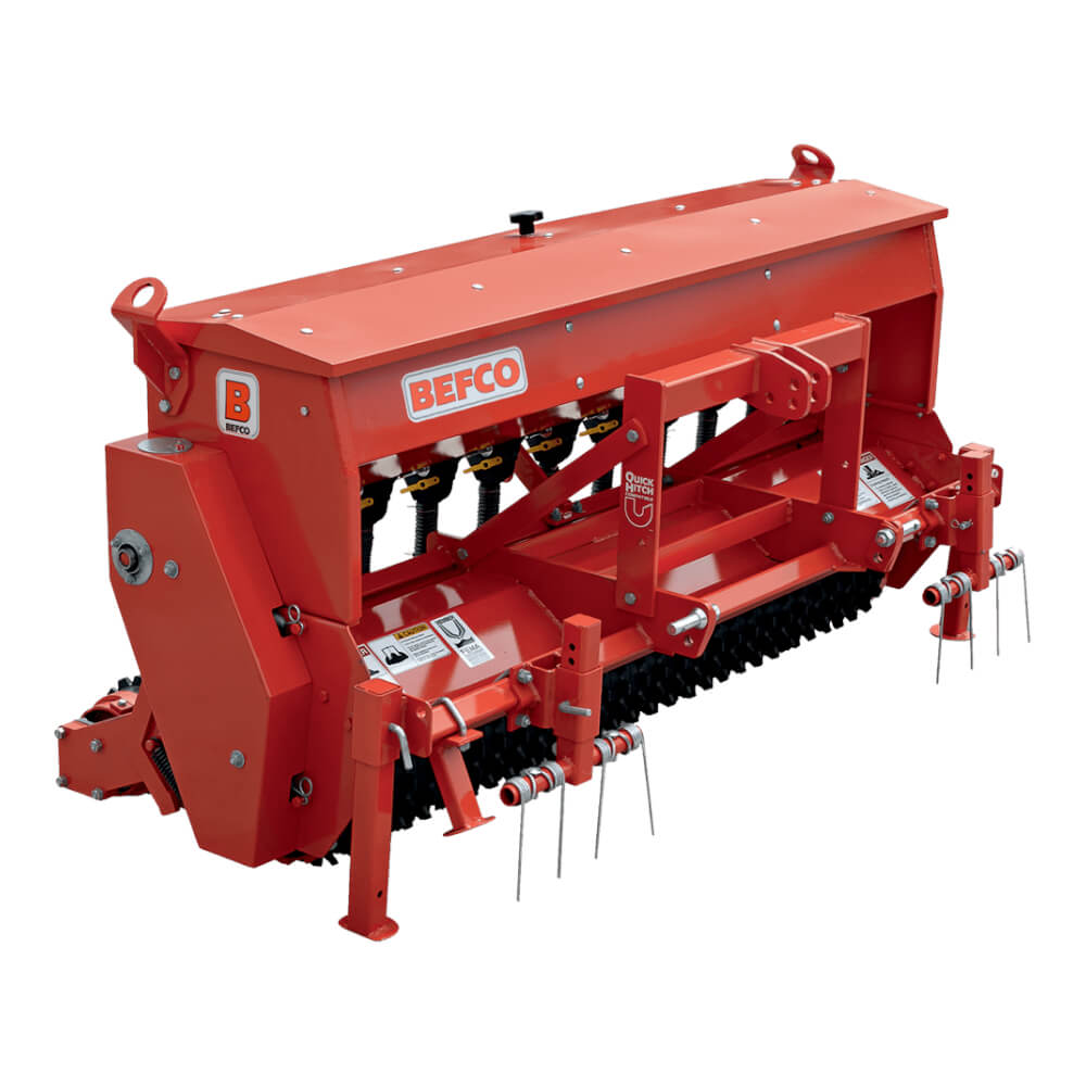 BEFCO Primary Seeder SRT, red, angled view with adjustable features and pneumatic wheels.