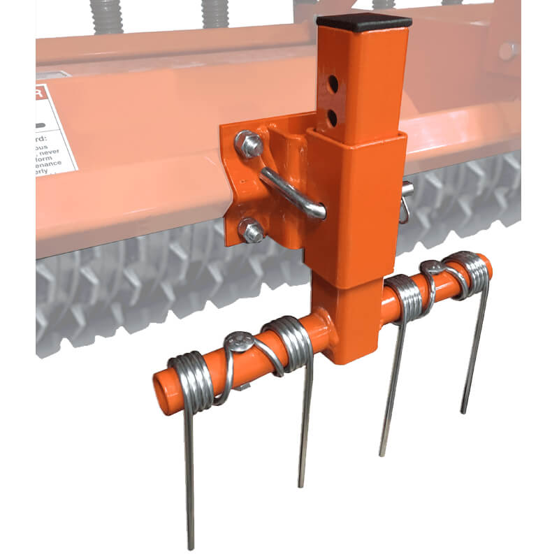 BEFCO Primary Seeder SRT attachment, orange with springs and metal rods for soil preparation.