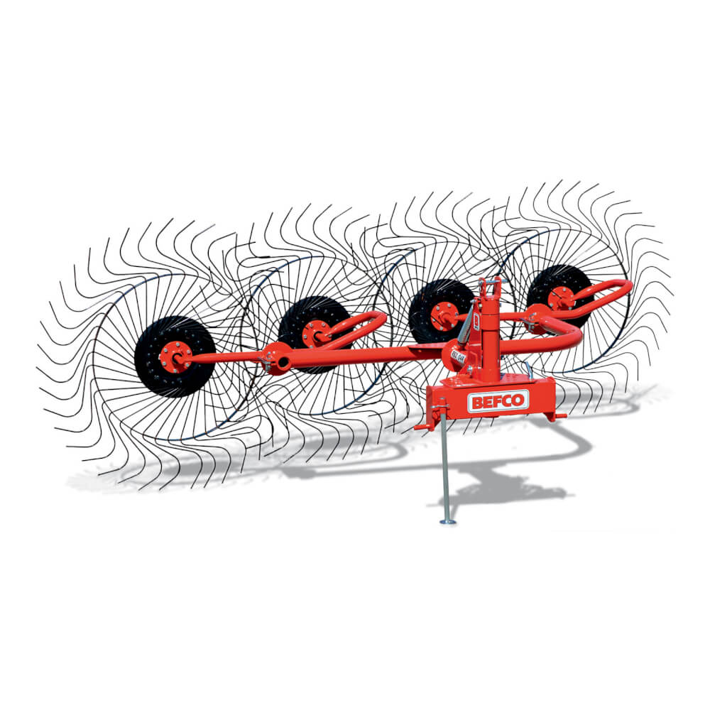 BEFCO RS2 Hay Rake, red with black tines, angled view showcasing its robust design.