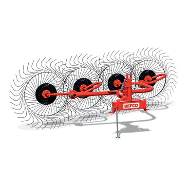 BEFCO RS2 Hay Rake, red with black tines, angled view showcasing its robust design.