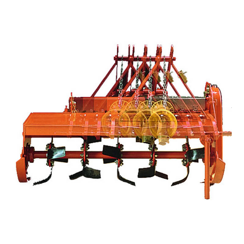 Befco T30 Rotary Tiller, orange, angled view with tilling blades and attachment hooks.