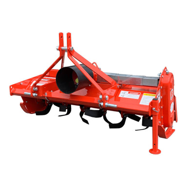 BEFCO T30 Rotary Tiller, red, angled view with tines and coupling adapter.
