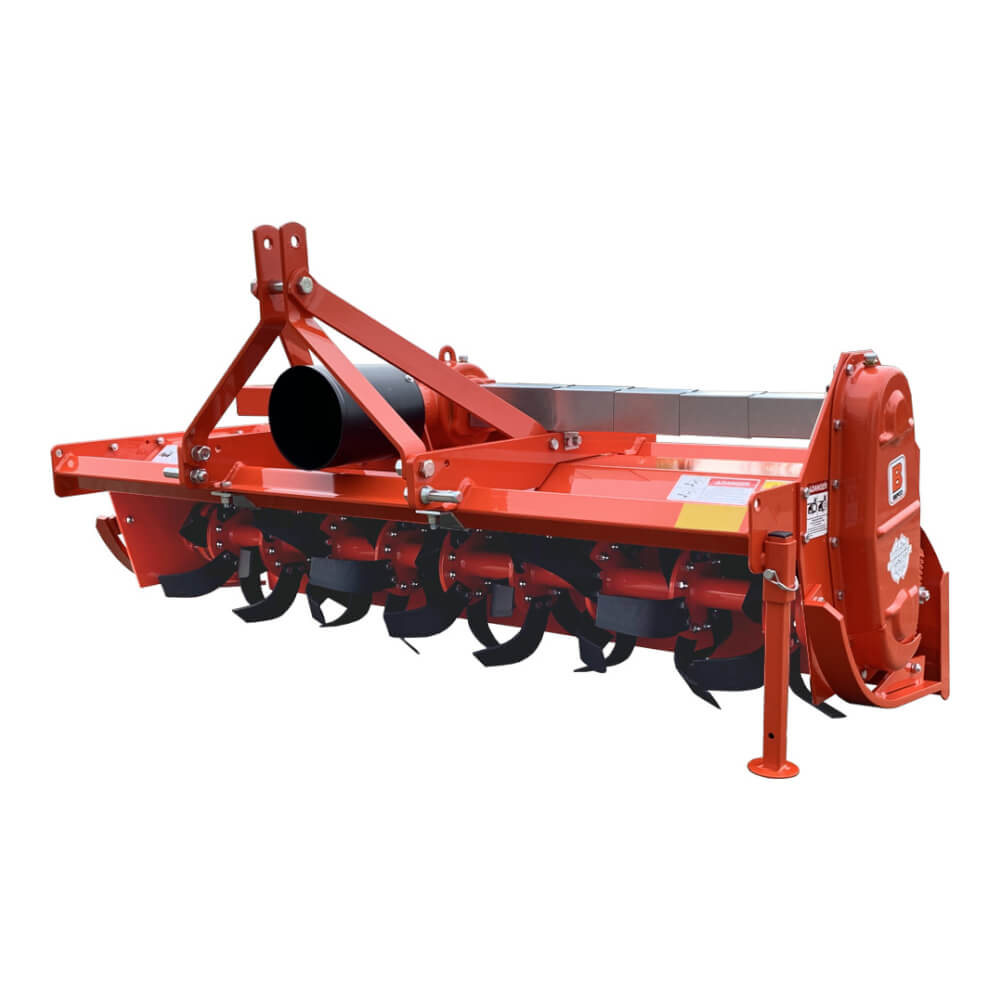 BEFCO T60 Rotary Tiller, orange, angled view with tilling blades and robust frame.