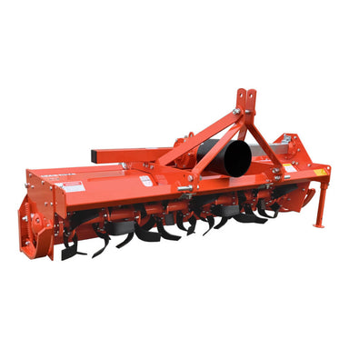 BEFCO T60 Rotary Tiller, angled view, bright red with tines and mounting brackets.