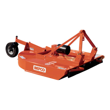 BEFCO Tornado BRC Rotary Cutter, orange, angled view with adjustable hitch and durable wheel.