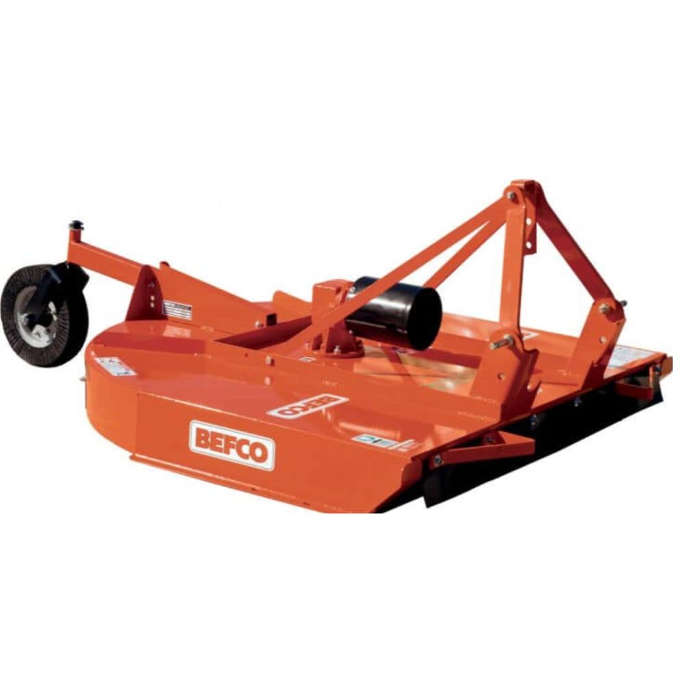 BEFCO Tornado BRC Rotary Cutter, orange, angled view with adjustable hitch and rear wheel.