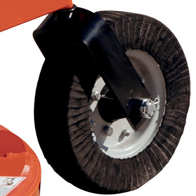 BEFCO Tornado BRC Rotary Cutter wheel detail, featuring a rugged black tire and metallic hub.