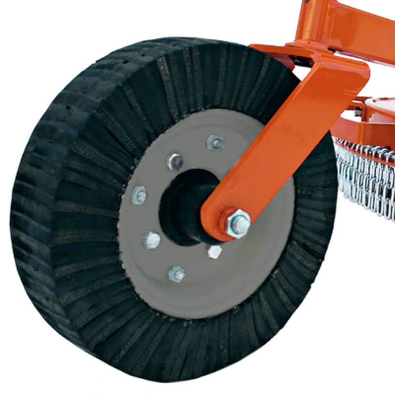 BEFCO Tornado RMD Rotary Cutter wheel detail, featuring a rubber tire and robust metal hub.