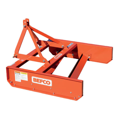 BEFCO Tractor Grading Scraper, orange, side view with sturdy frame and attachment points.