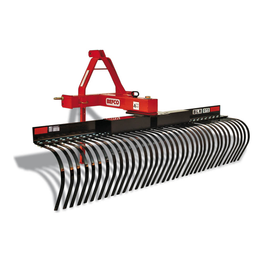 BEFCO Tractor Landscape Rake in red and black, front view with curved tines for soil leveling.