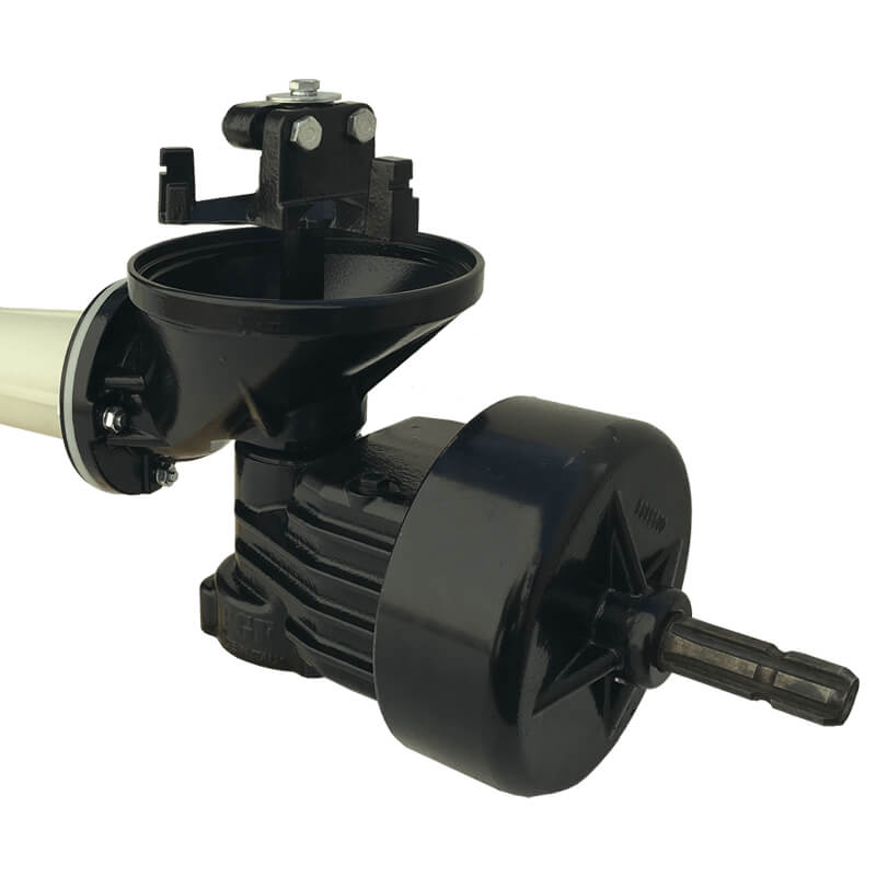 BEFCO Turbo Hop 301 Pendulum Spreader, black and silver, angled view with motor and spreader cup.