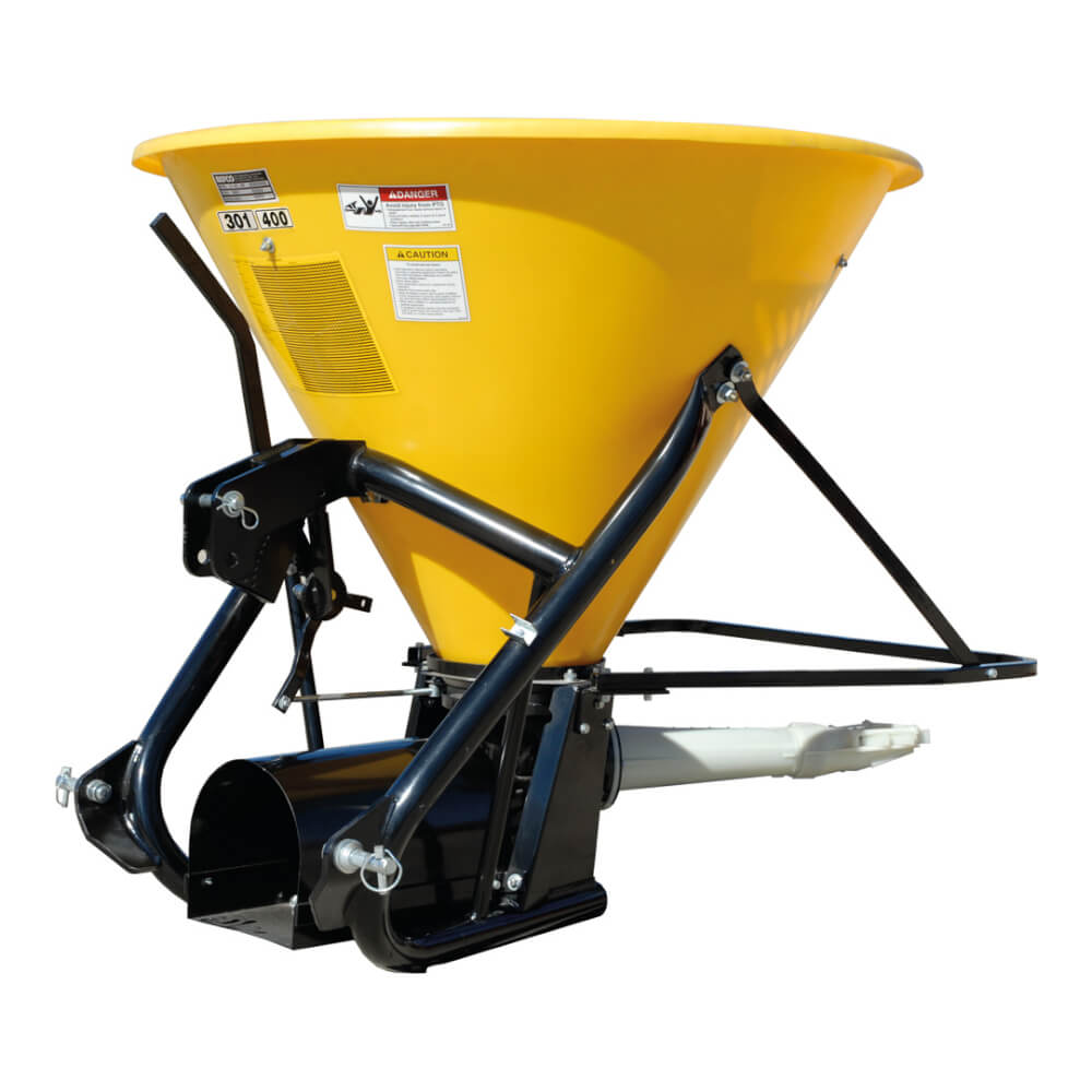 BEFCO Turbo Hop 301 Pendulum Spreader in yellow, angled view showcasing wheels and metal frame.
