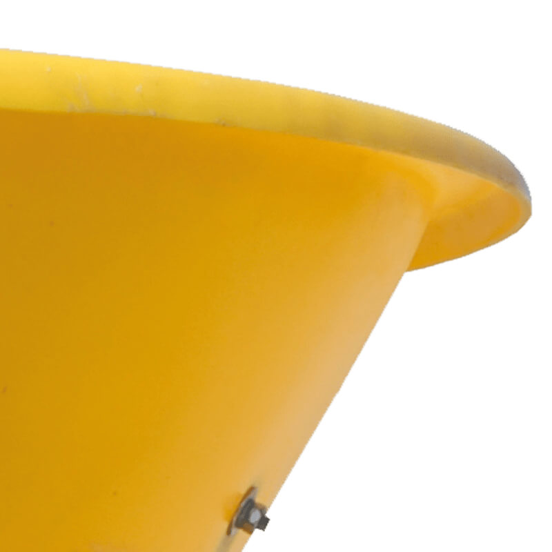 BEFCO Turbo Hop 301 Pendulum Spreader, yellow top view with mounting bolts visible.