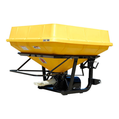 BEFCO Turbo Hop 303 Pendulum Spreader, yellow hopper, black frame, side view, and adjustable handle.