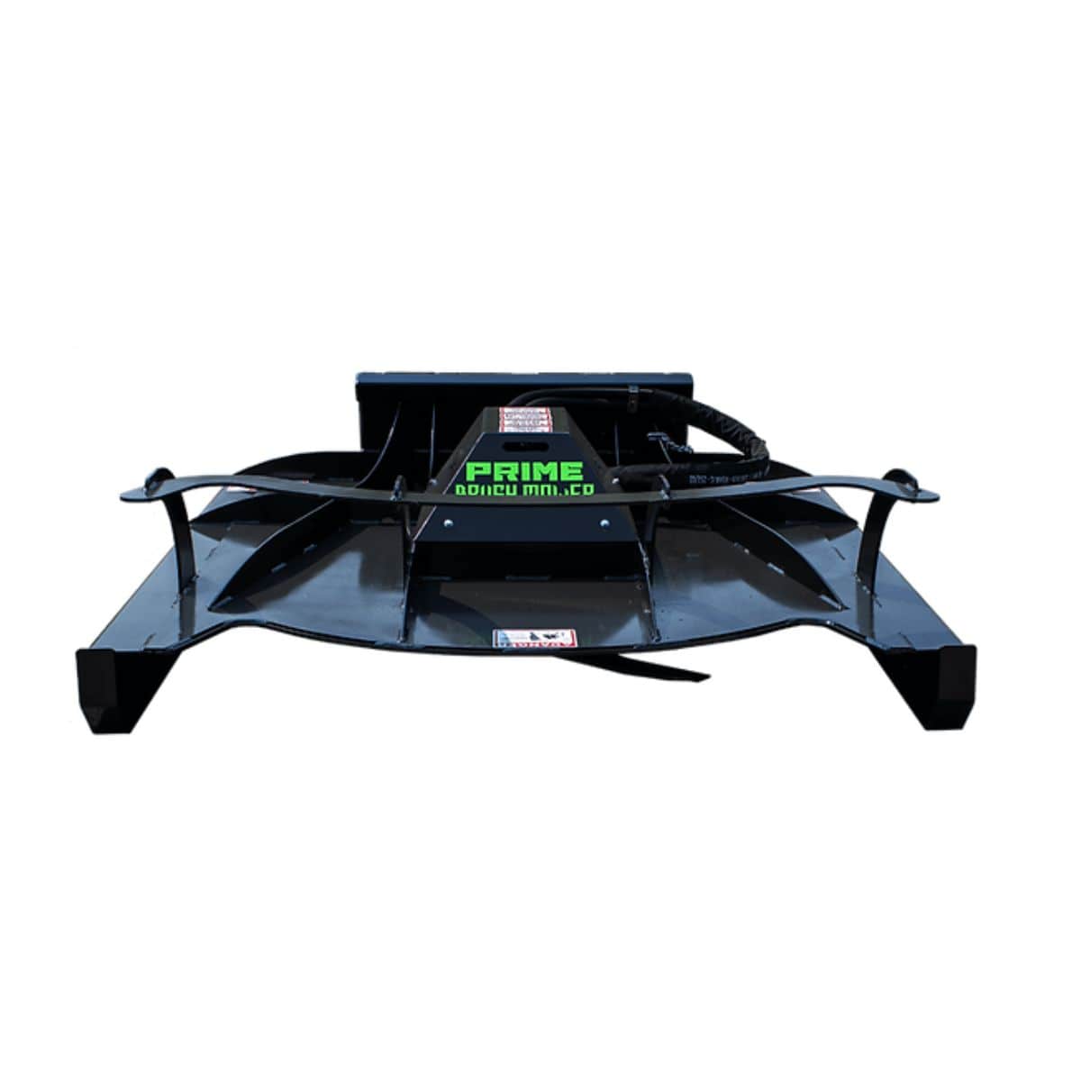 Brush Mower Attachment by Prime Attachments, black front view with sturdy cutting blades and connectors.