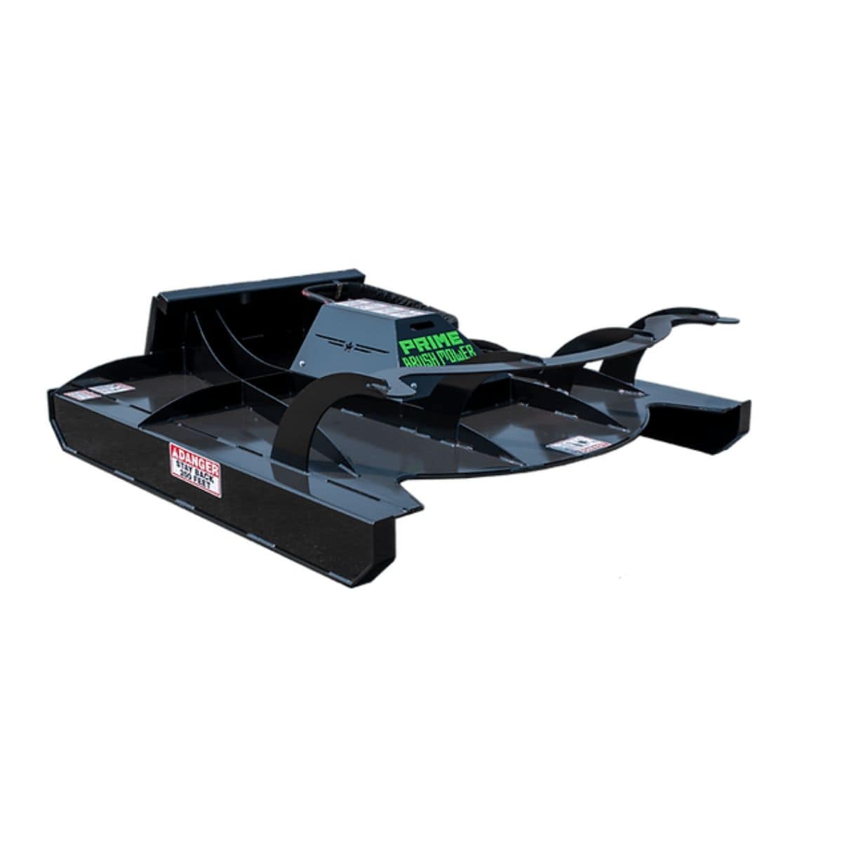 Prime Attachments Brush Mower Attachment, angled view, black with sturdy metal construction and branding.