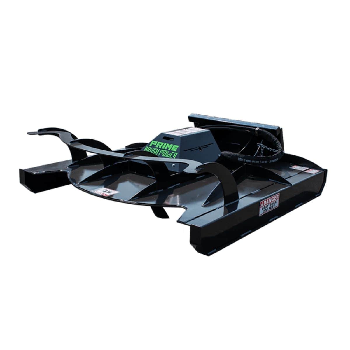 Brush Mower Attachment by Prime Attachments, angled view, black with large cutting blades.