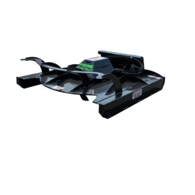 Brush Mower Attachment by Prime Attachments, angled view, black with large cutting blades.