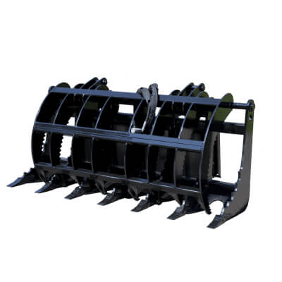 Clamshell Grapple for Skid Steer by Prime Attachments, angled view in black with strong jaws.