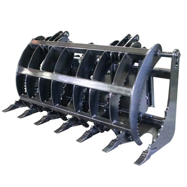 Prime Attachments Clamshell Grapple for Skid Steer, angled view, black with sharp teeth and durable design.