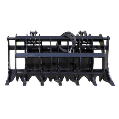 Clamshell Grapple for Skid Steer by Prime Attachments, black, front view with tines and hydraulic controls.