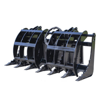 Dual Clamshell Grapple for Skid Steer by Prime Attachments, black, front view, robust construction.