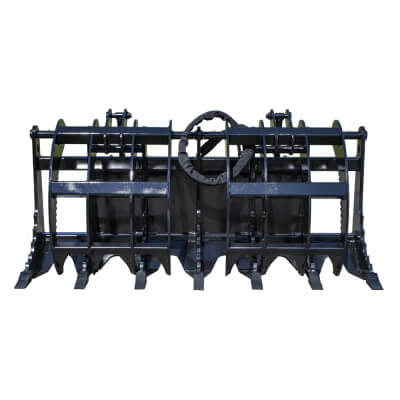 Dual Clamshell Grapple for Skid Steer front view, black with open clamshell design and robust structure.