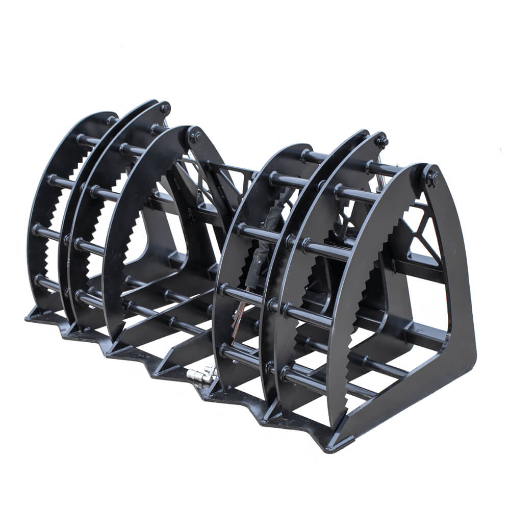 Prime Attachments Forestry Grapple for Skid Steer, angled view, sturdy black steel construction with serrated edges.