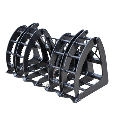 Prime Attachments Forestry Grapple for Skid Steer, angled view, sturdy black steel construction with serrated edges.