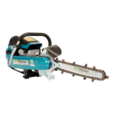 GeoRipper 620 Trencher mini trencher in teal, angled view with chain and handle.