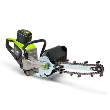 GeoRipper e/B 400 GreenWorks Trencher, angled view, green and silver with chain and handle.