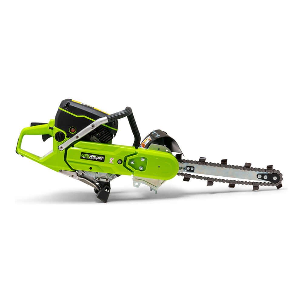 GeoRipper GR16 Trencher angled view, bright green with handle and cutting chain.