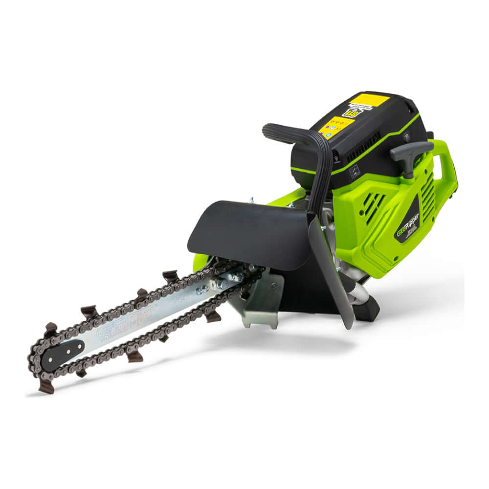 GeoRipper GR16 Trencher angled view, green body with a chain blade and protective cover.