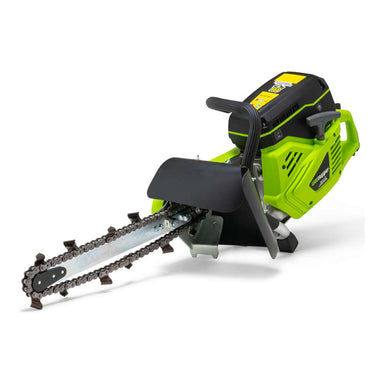 GeoRipper GR16 Trencher angled view, green body with a chain blade and protective cover.