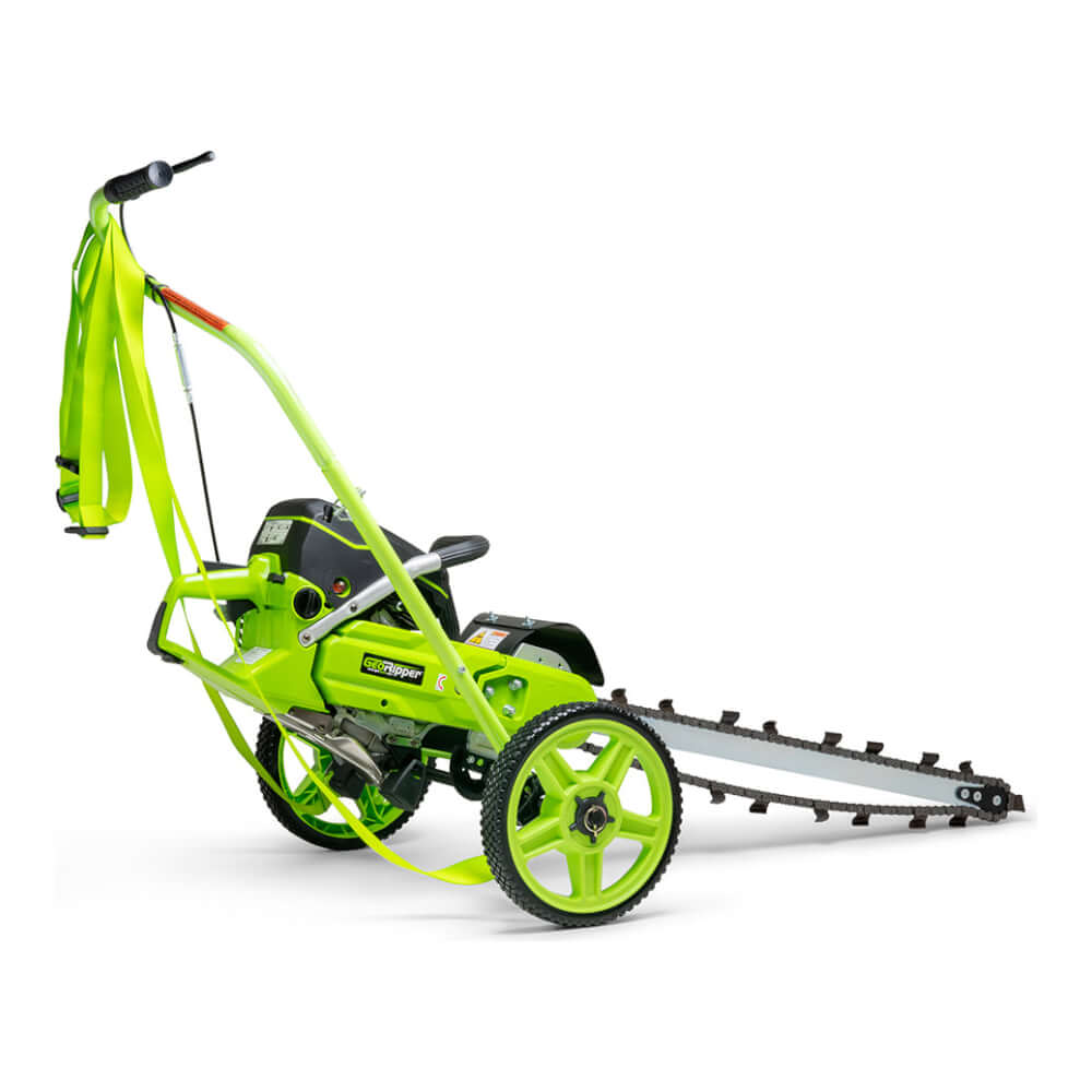 GeoRipper GR16 Trencher in green, angled view with wheels, handle, and cutting blade.