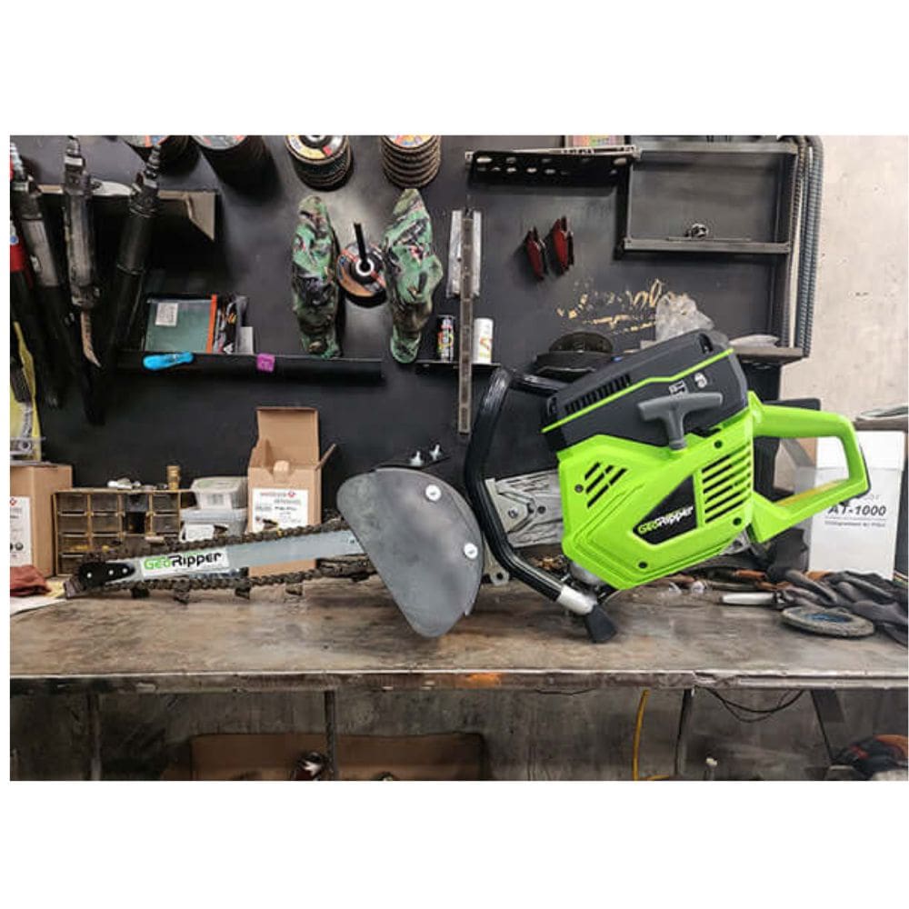 GeoRipper GR20 Trencher in green, angled view with handle and cutting chain visible.