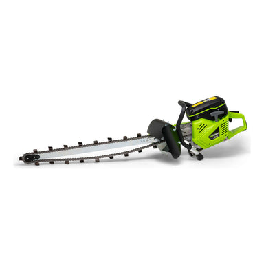 GeoRipper GR27 Trencher, angled view, green body with cutting chain for efficient soil excavation.