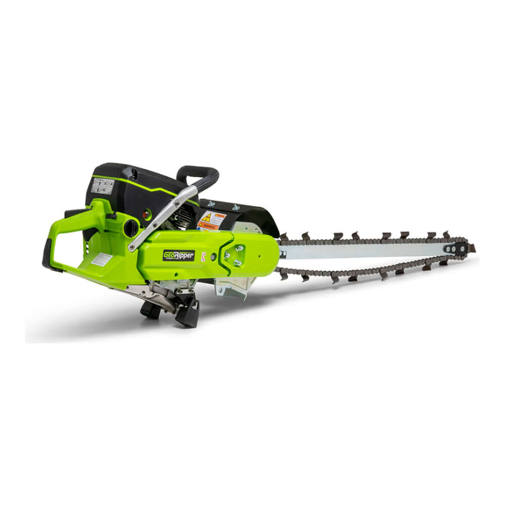GeoRipper GR27 Trencher in green, angled view with handle and cutting chain visible.