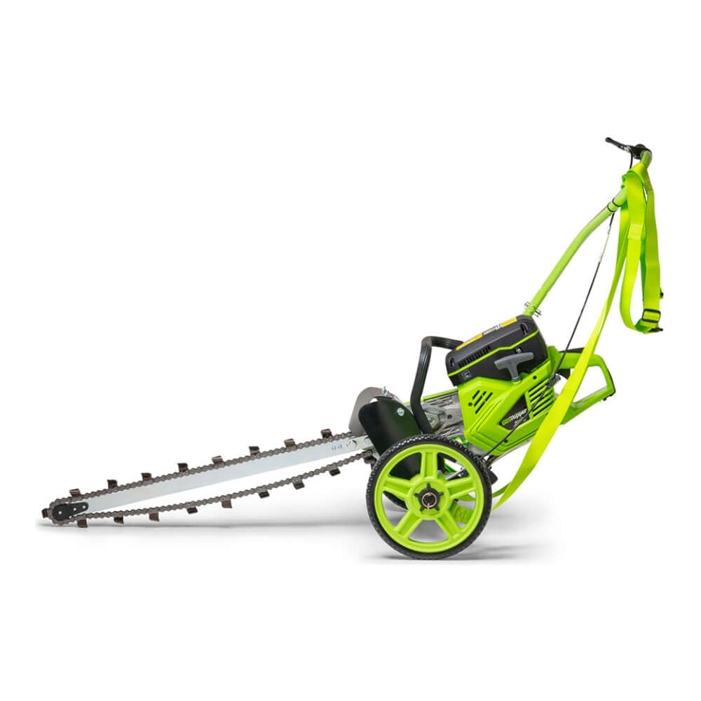 GeoRipper GR27 Trencher side view, vibrant green with wheels, handle, and trenching blade.