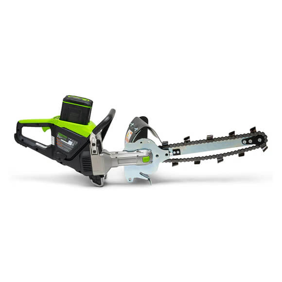 GeoRipper e/B 400 GreenWorks Trencher, angled view, green and silver with cordless design.