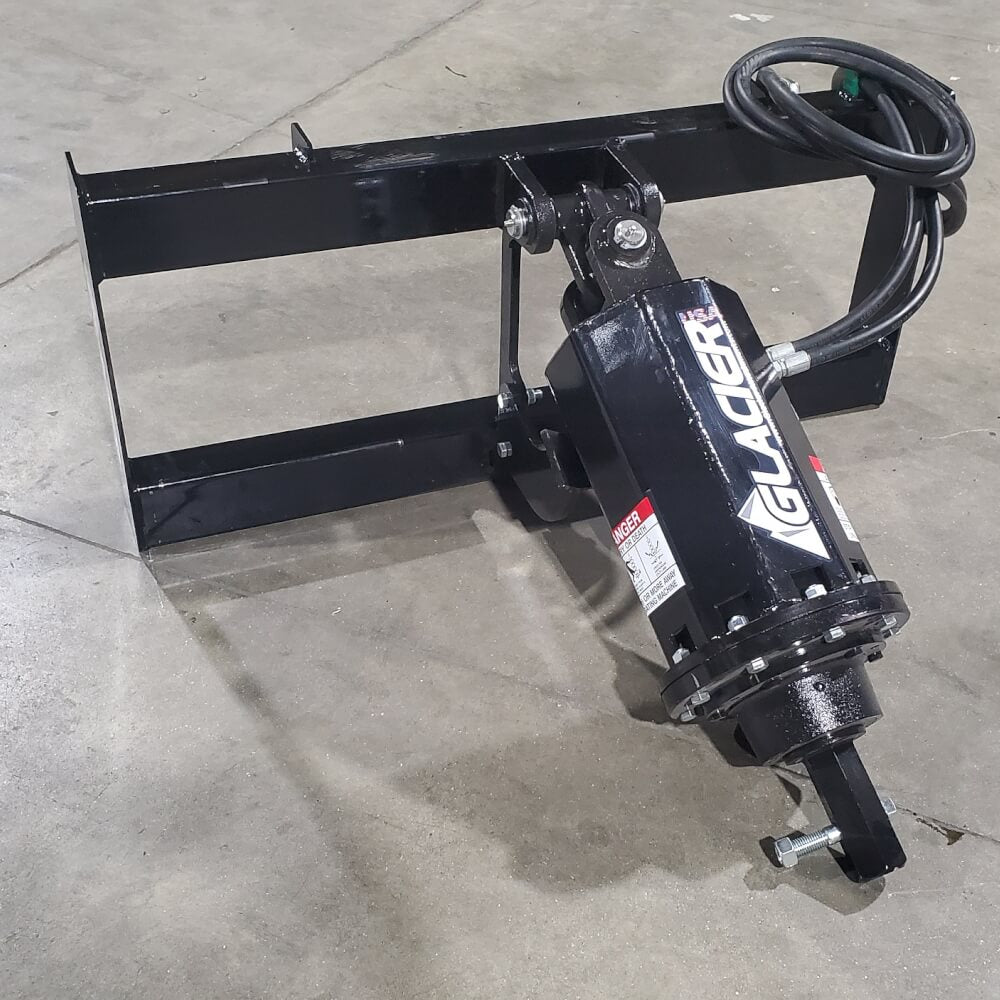 Glacier Auger Drive Unit for Skid Steer, black with hydraulic hoses and mounting bracket.