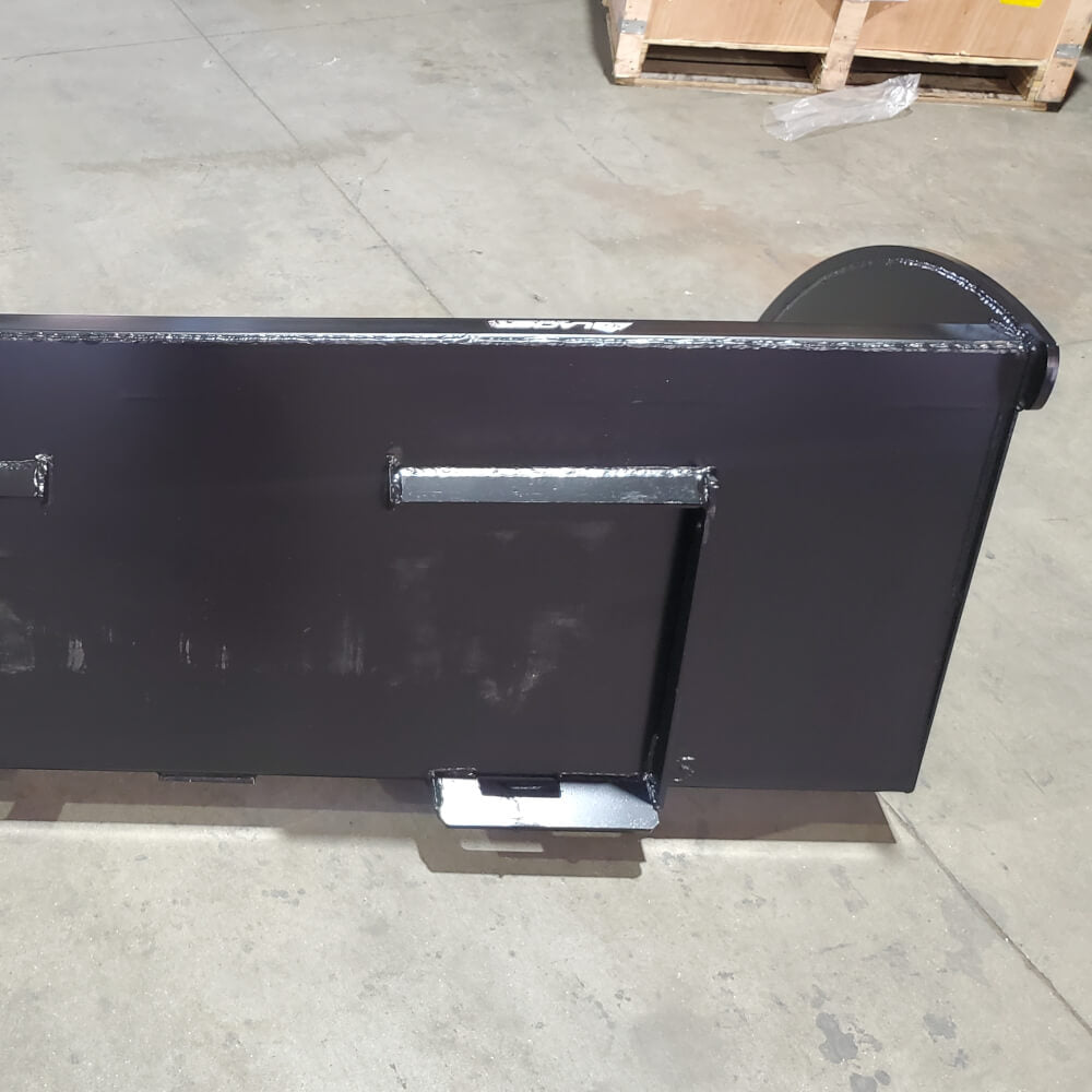 Glacier Attachments Skid Steer Snow Bucket, black, front view with mounting brackets.