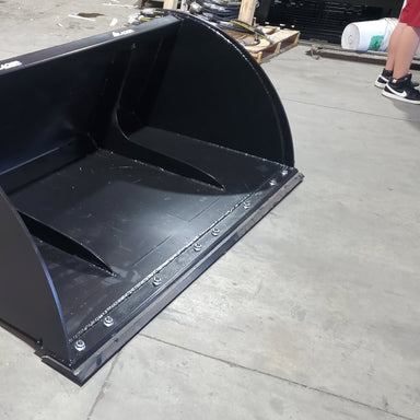 Glacier Attachments skid steer snow bucket, black, front view with robust curved edges.