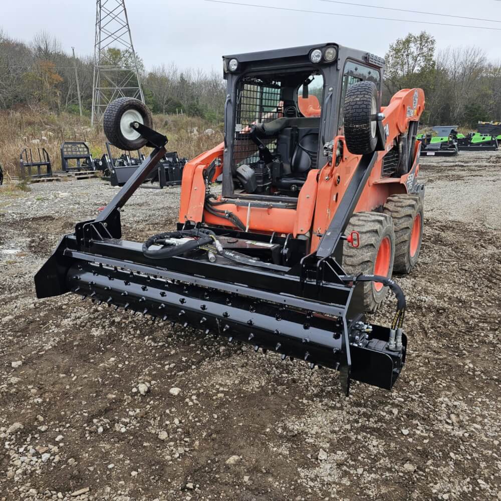 HD Soil Conditioner by Prime Attachments, black with a front view and functional wheels.