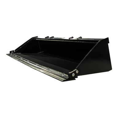 Heavy Duty Bucket for Skid Steer by Glacier Attachments, angled view, sleek black design with robust edges.