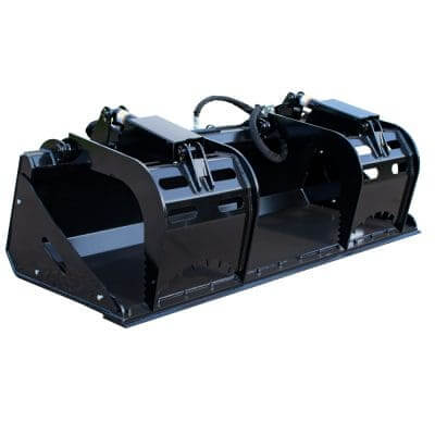 Heavy Duty Grapple Bucket Attachment by Prime Attachments, angled view in robust black finish.