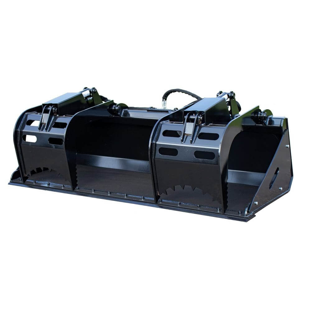 Heavy Duty Grapple Bucket Attachment by Prime Attachments, black, angled view, features rugged claws and hydraulic connections.