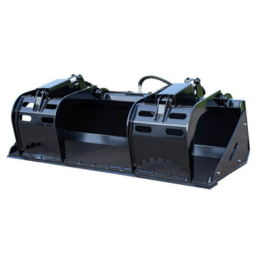 Heavy Duty Grapple Bucket Attachment by Prime Attachments, black, angled view, features rugged claws and hydraulic connections.
