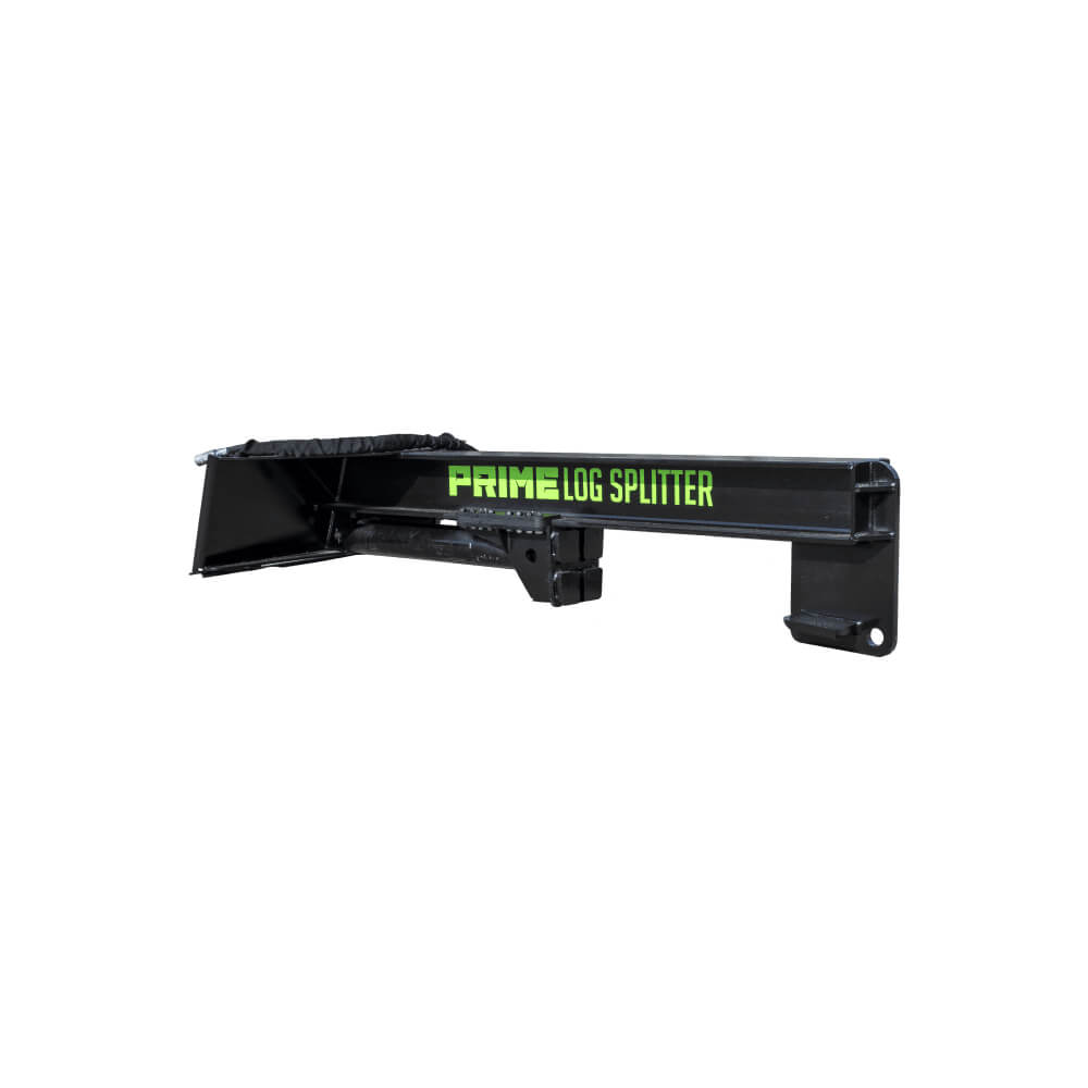 Prime Attachments Inverted Log Splitter for Skid Steer, black with green lettering, angled view.