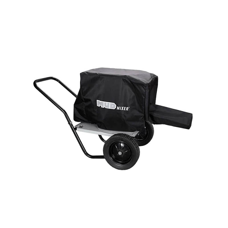 MudMixer All-Weather Cover in black, front view with a sturdy cart and wheels.